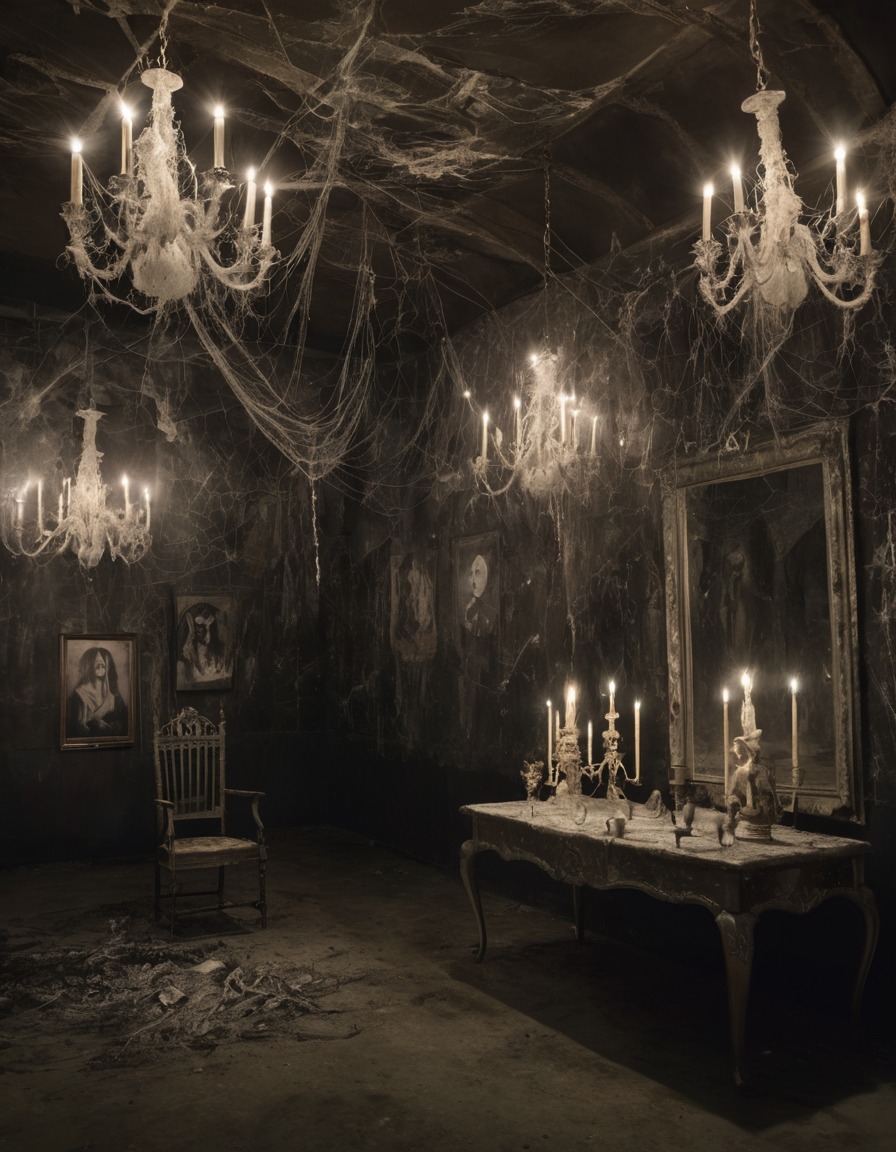 abandoned, cobweb-covered, room, portraits, candelabras, gothic, underground, dark