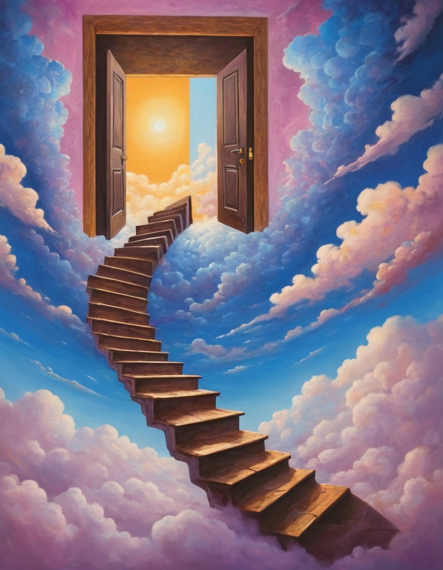 staircase, door, sky, surrealism, surreal