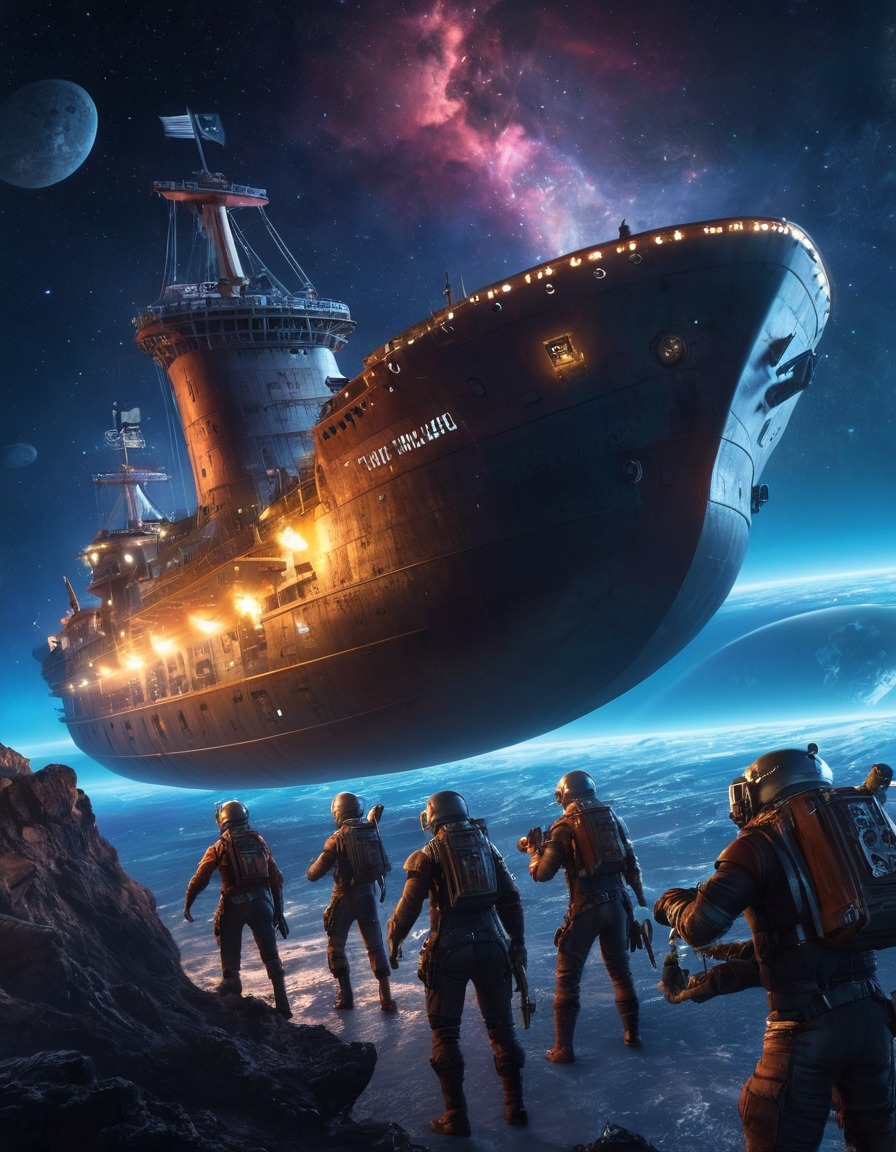 space pirates, looting, cargo ship, space scene, universe, outer space, robbery