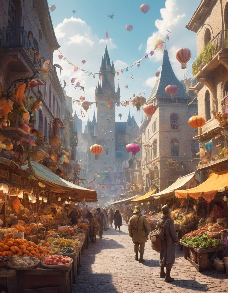 fantasy, market, creatures, stalls, colorful, fantastic