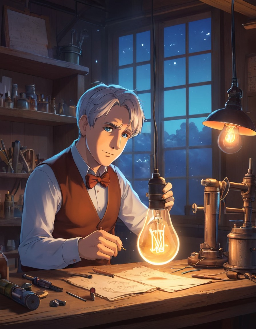 thomas edison, inventor, light bulb, workshop, tinkering, anime