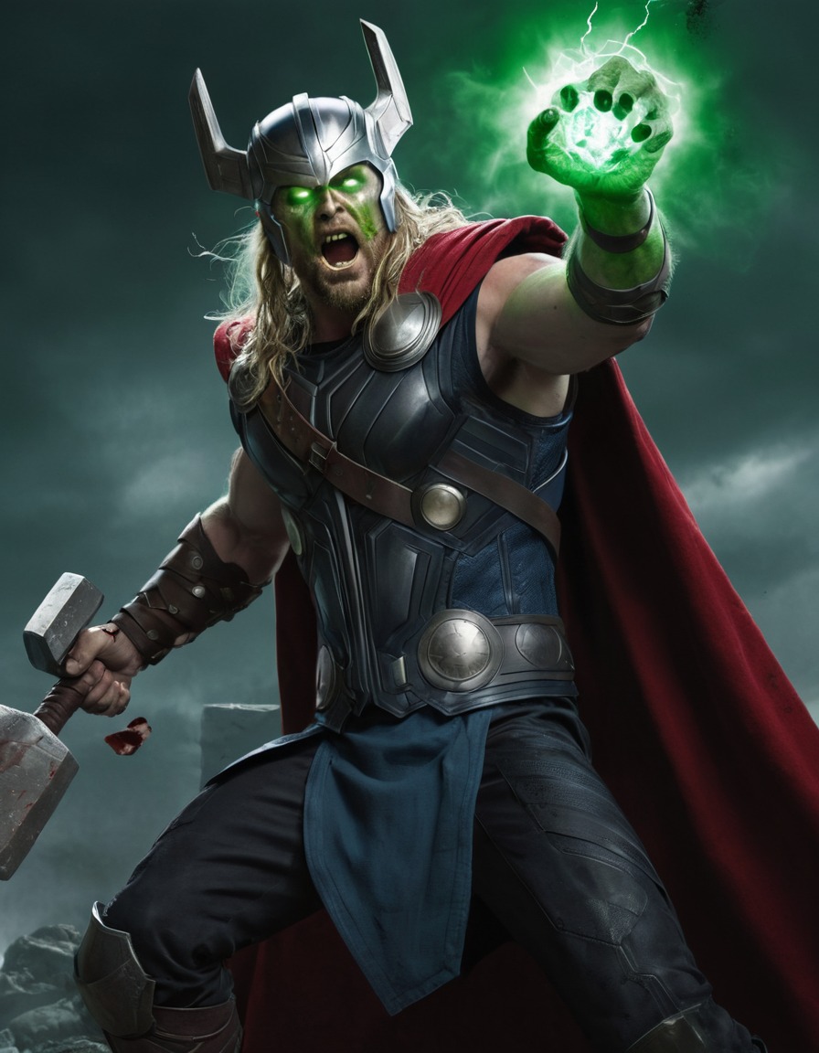 thor, zombie, mjölnir, glowing eye, illustration, marvel