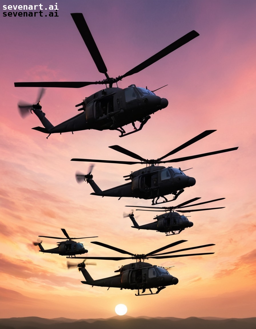 helicopters, army, formation, sunset, sky