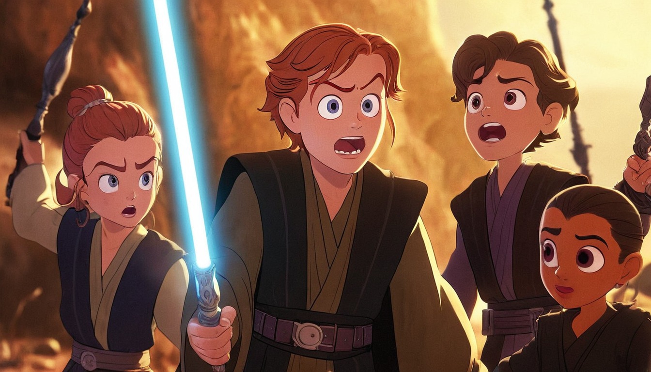 fanart, disney, starwars, cartoon, about, anakin, comedy, musical, revengeofthesith, shuffle, skywalker, starwarsfanart, youngling, younglings, aigeneratedart, midjourney