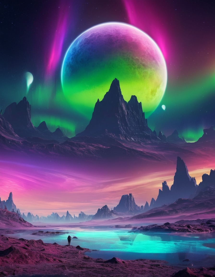 alien planet, moons, colorful, aurora, space, stars