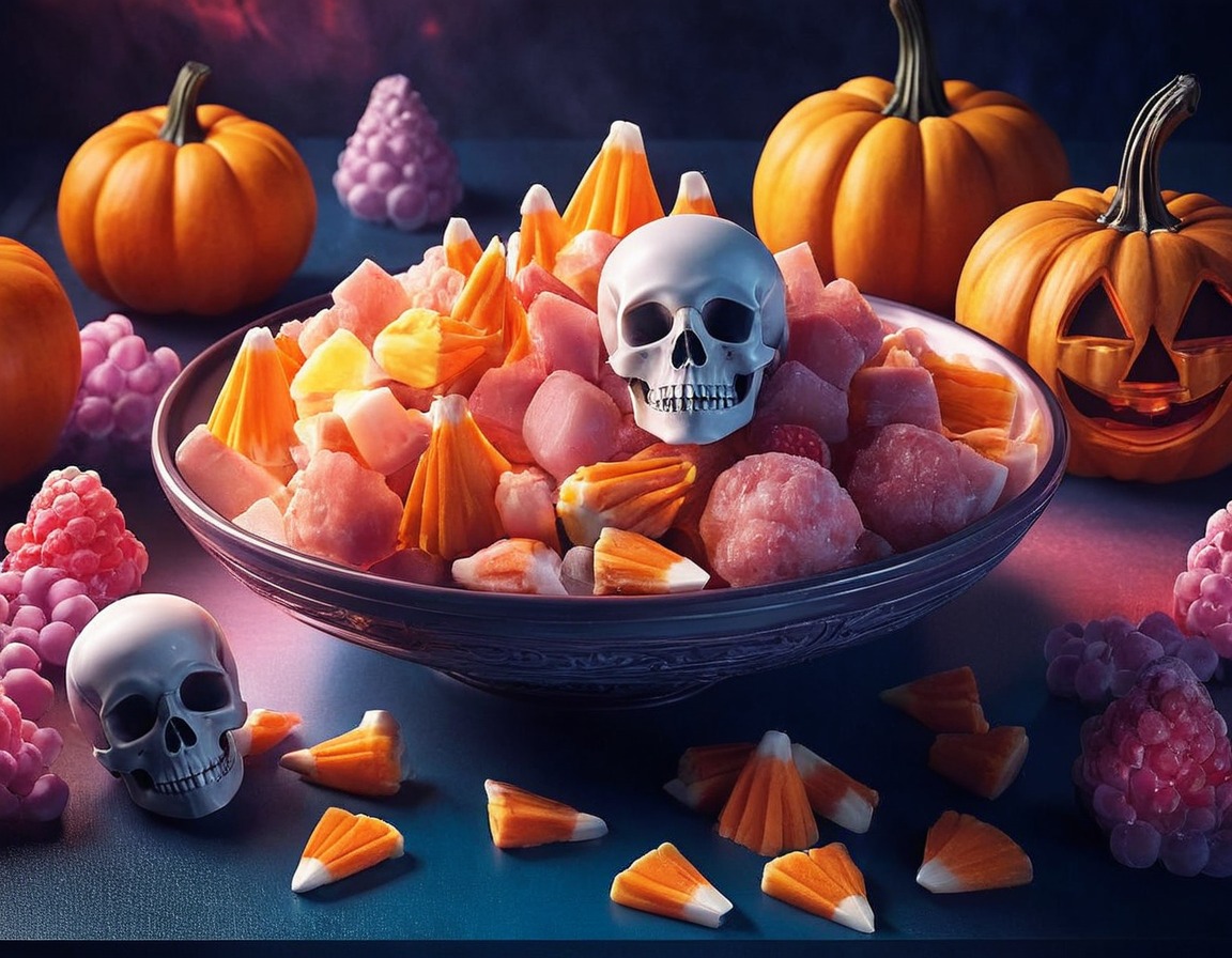 digitalart, horror, spooky, halloween, digitalpainting, skull, decoration, candycorn, pumpkin, pumpkinhalloween, adobefirefly