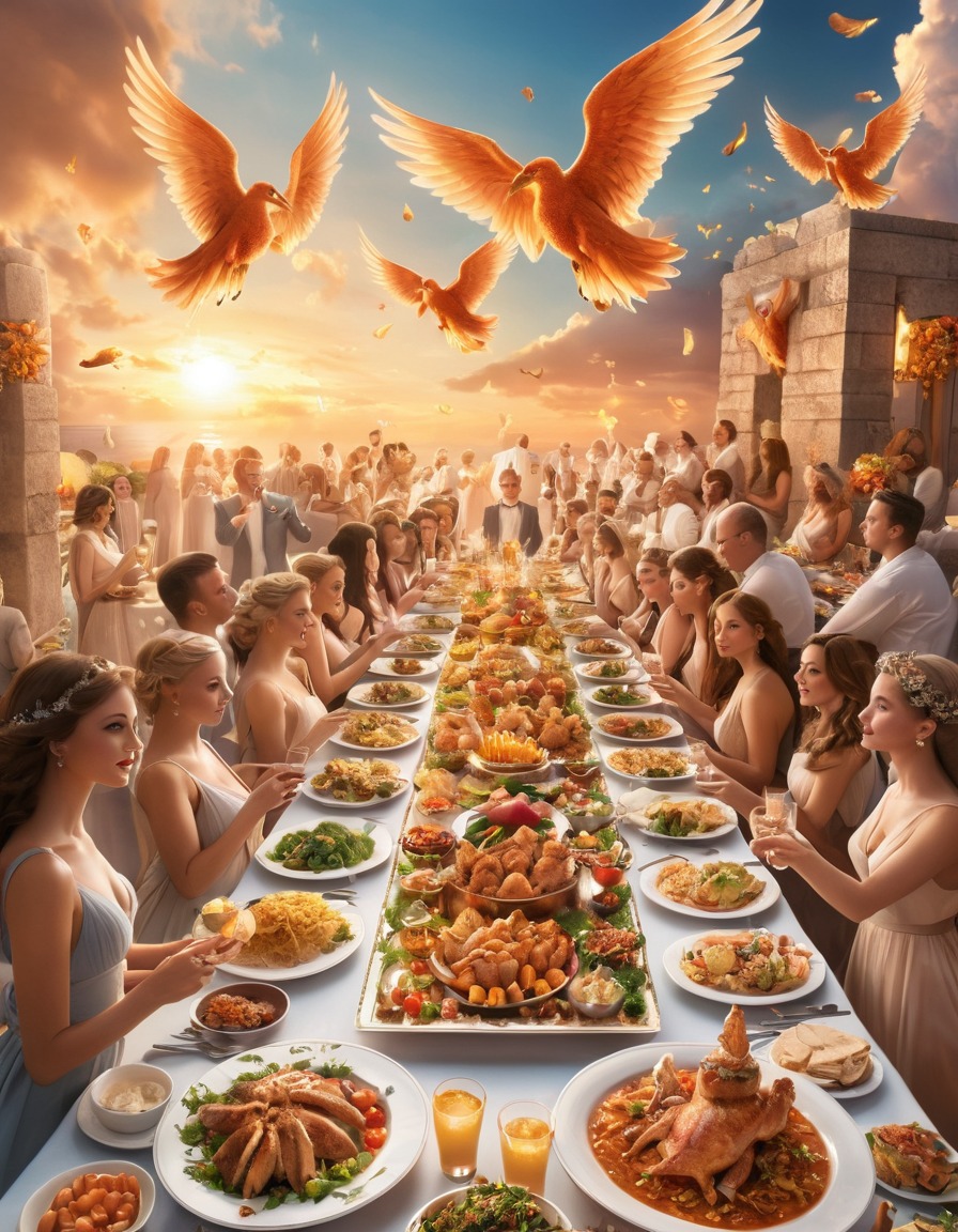 heaven, angels, banquet table, delicious food, grand, divine, celestial