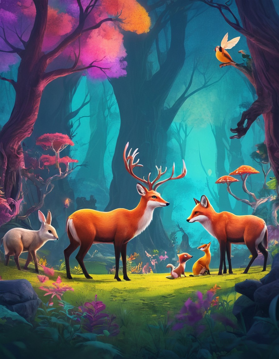 mystical, forest, brightly colored, talking animals, fantasy, fantastic