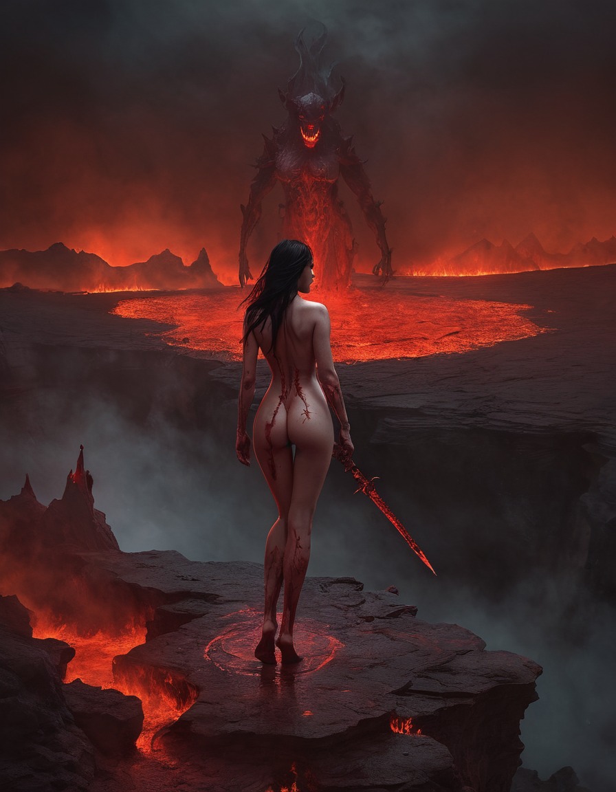 hell, demon, demonesse, landscape, eerie, cliff, lake of fire, sexy, nsfw	