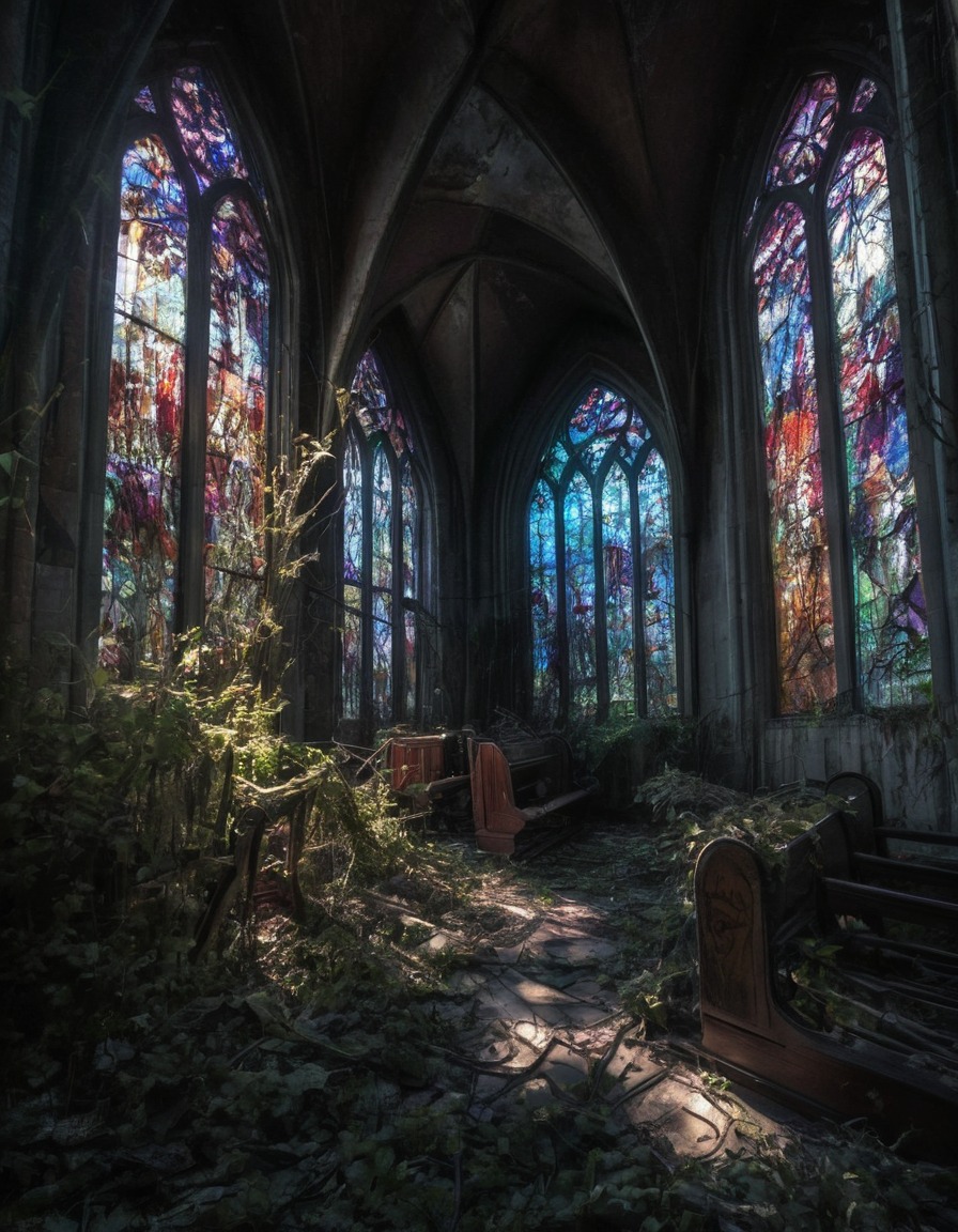 abandoned church, stained glass windows, eerie, overgrown vines, gothic, underground, dark