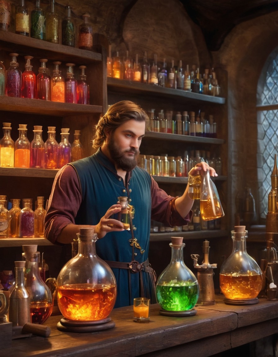 fantasy, potion-maker, energy drink, potion, glass flask, medieval, laboratory, art