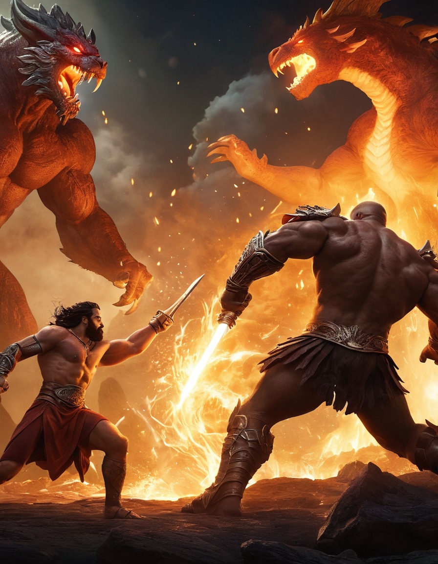 hephaestus, greek mythology, legendary blacksmith, fight scene, monsters, epic battle, mythological creatures