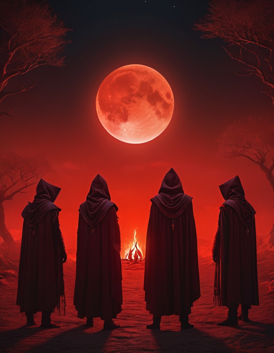 cult, dark ritual, hooded figures, blood moon, supernatural, mysterious, fantasy, lovecraft, howard lovecraft