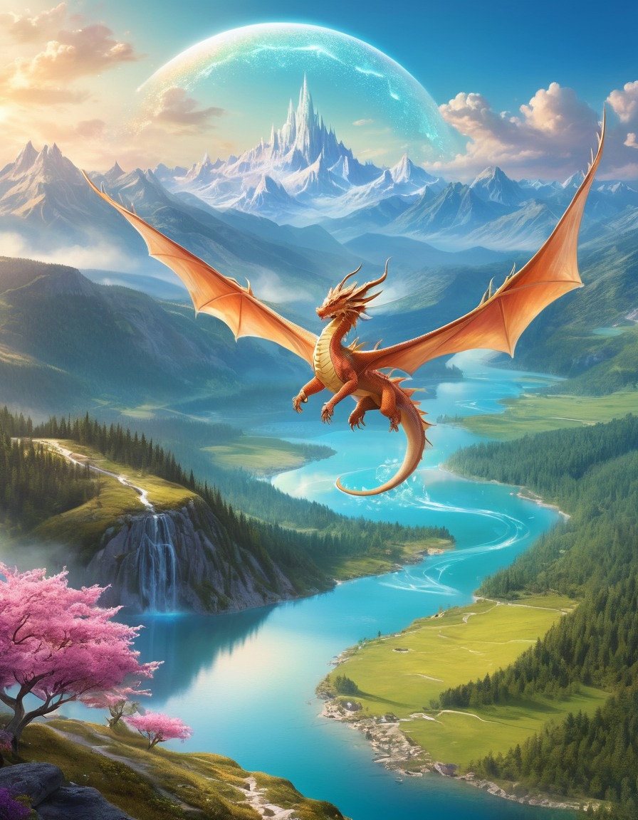 fantasy, dragon, crystal, valley, lakes, hills, fantastic