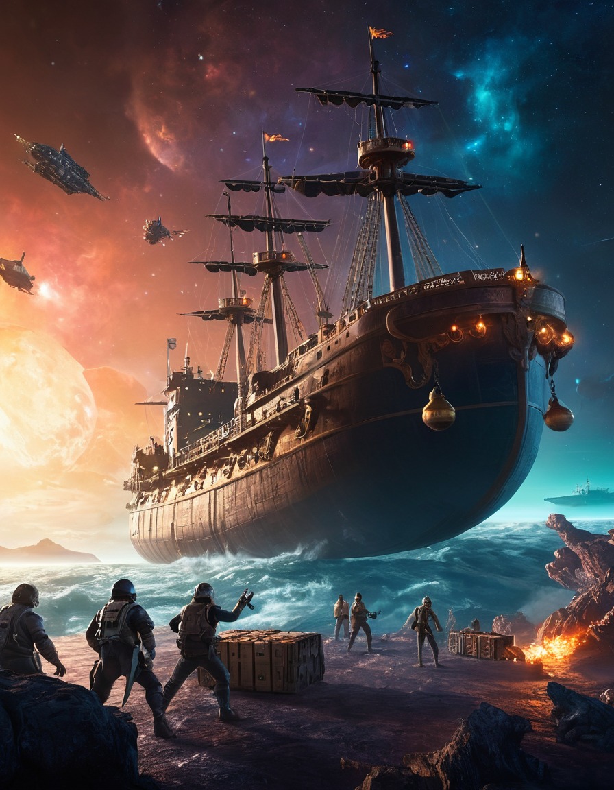 space pirates, looting, cargo ship, space scene, outer space, plundering, interstellar