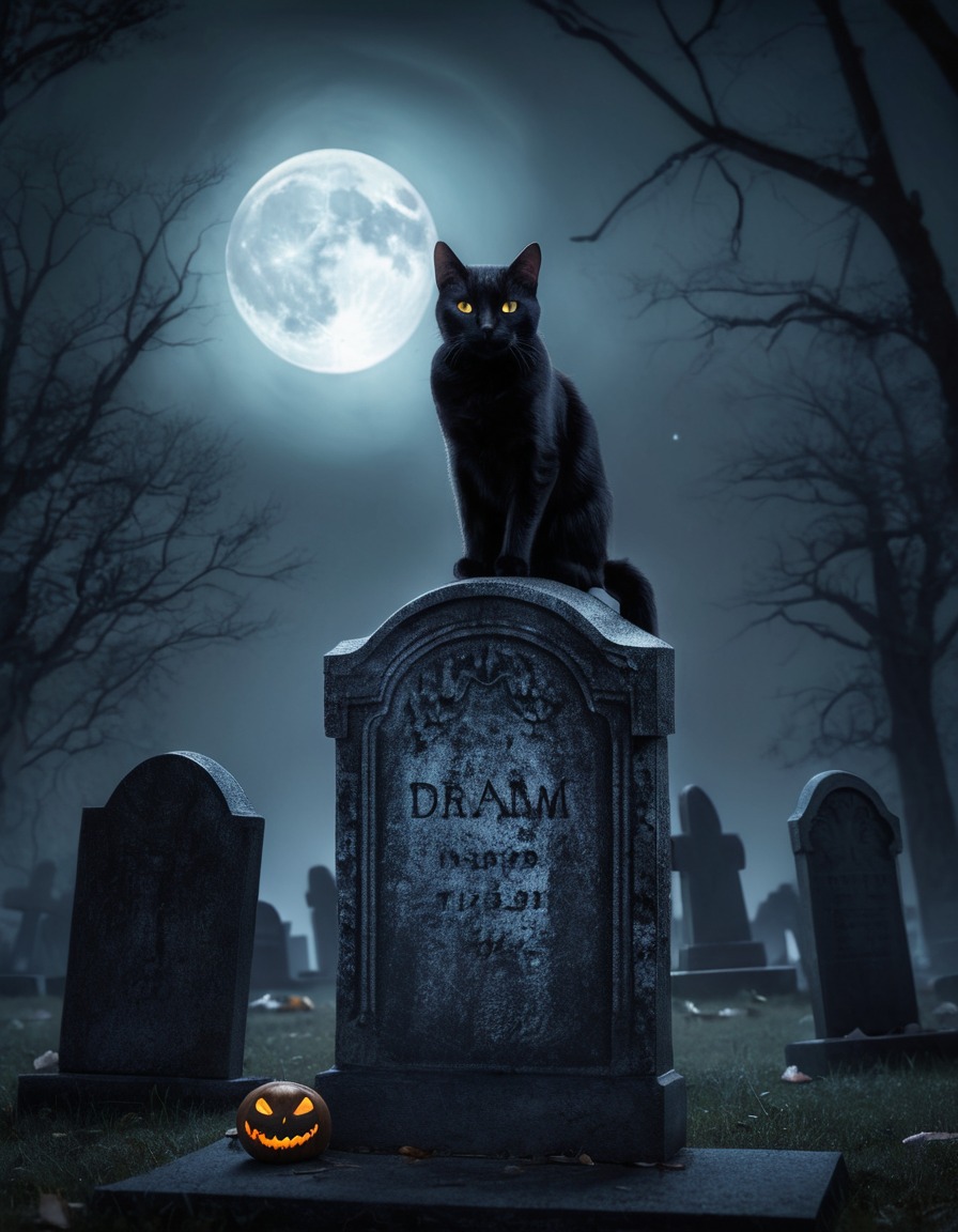 black cat, glowing eyes, gravestone, cemetery, night, moonlit, gothic, underground, dark