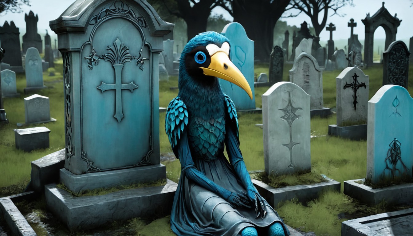 digitalart, bird, animal, cemetery, abstractart, creature, creepy, cute, dark, demon, epic, evil, fantasy, gravestone, graveyard, halloween, horror, macabre, monster, night, scifi, scififantasy, shadow, tombstone, aiart, dailychallenge, jamesar, noaihaters