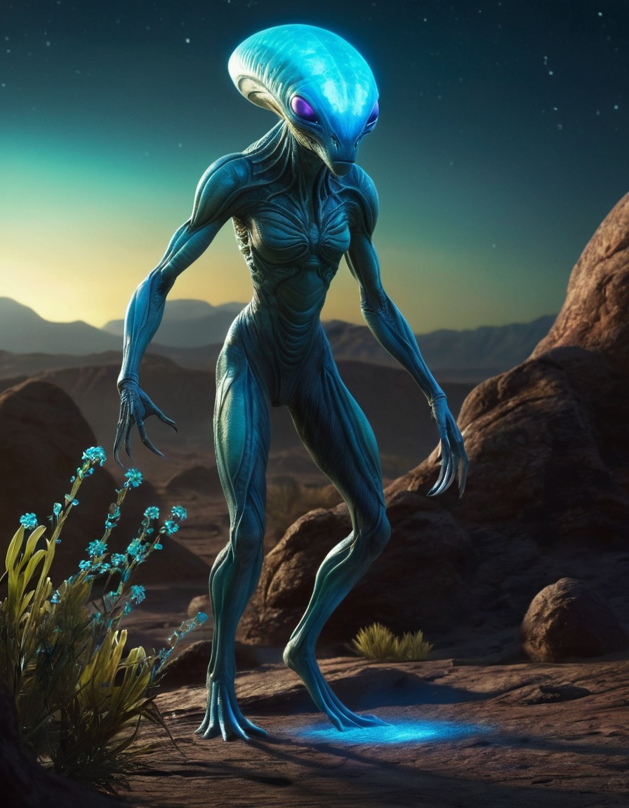 alien, creature, bioluminescent, markings, exploration, mysterious, landscape, extraterrestrial, aliens