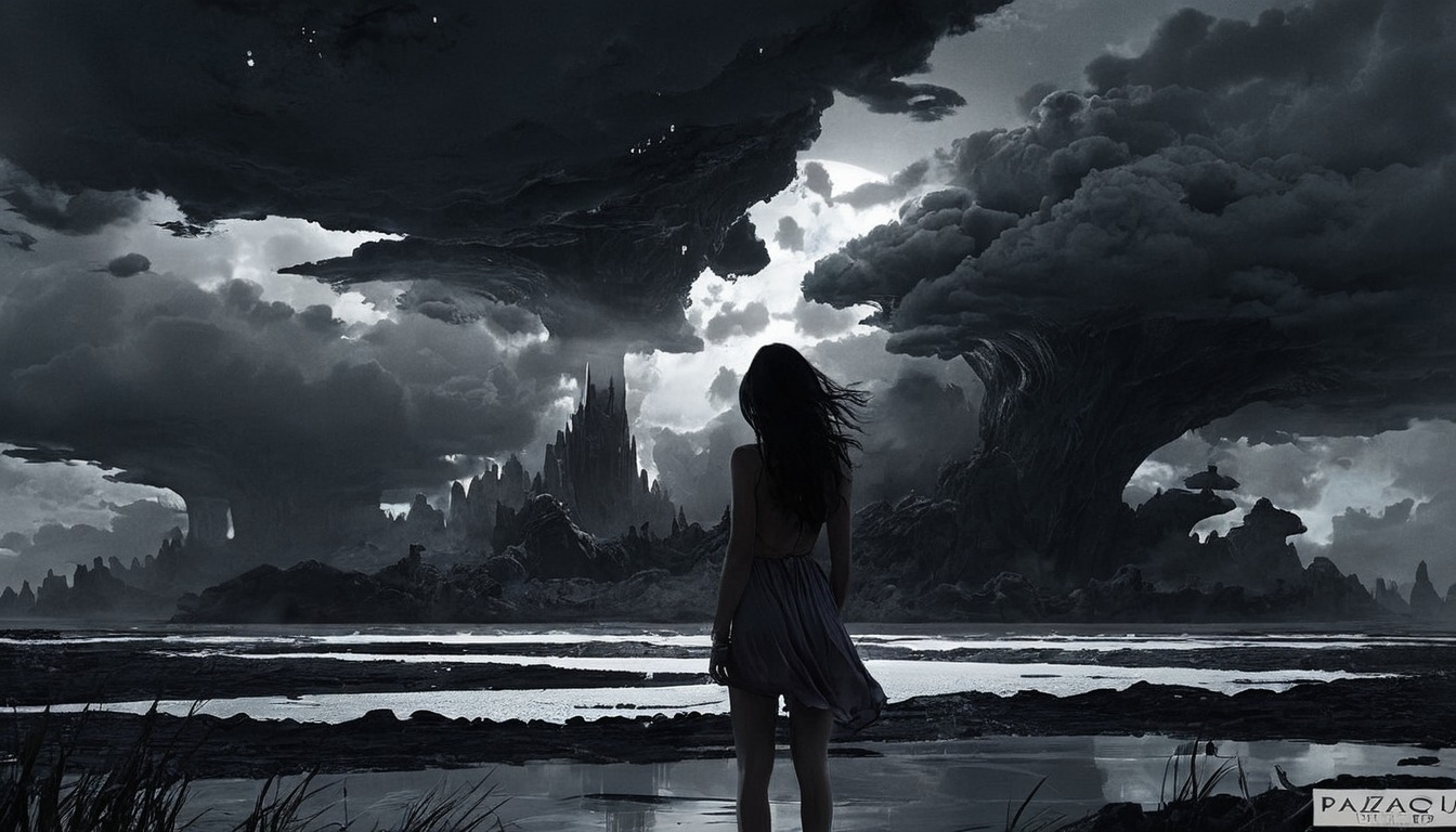 digitalart, characterdesign, horror, drama, fantasyart, sky, animegirl, animestyle, darksky, landscape, landscapescenery, monochrome, wallpaper, wallpapers, wallpaper4k, wallpaper3840x2160, monochrome_art