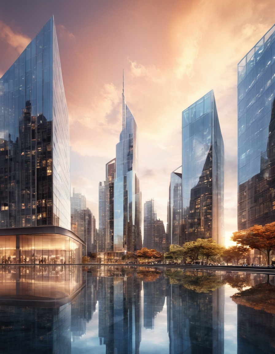 cityscape, modern, glass buildings, reflections, urban landscape