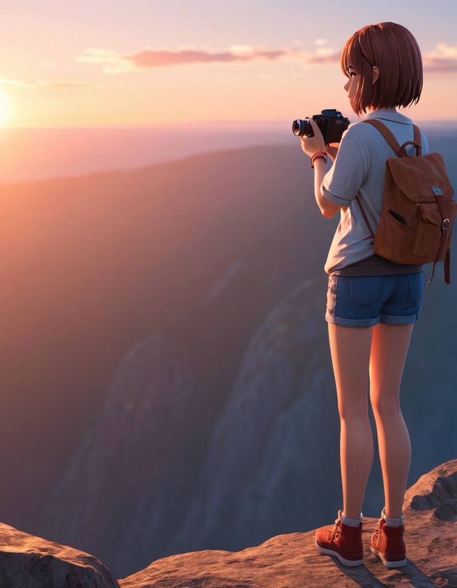 max caulfield, sunset, cliff, camera, photography, contemplation, nature, anime, games