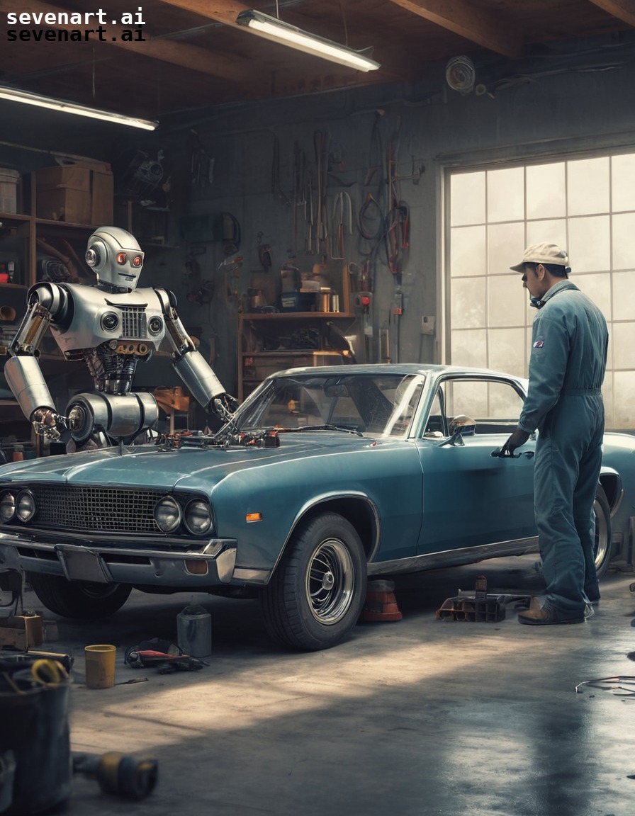 robot, mechanic, vintage, car, garage, robots