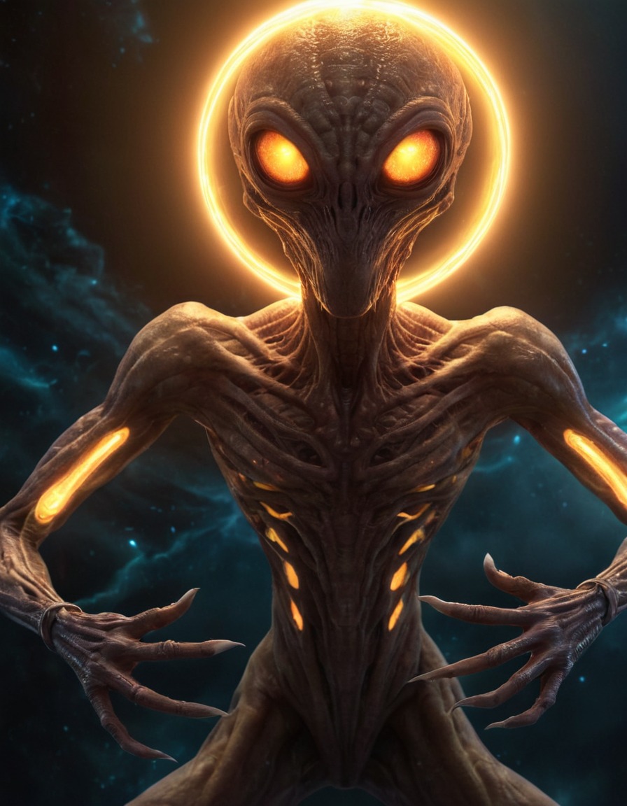 alien, extraterrestrial, creature, communication, multiple limbs, glowing eyes, aliens