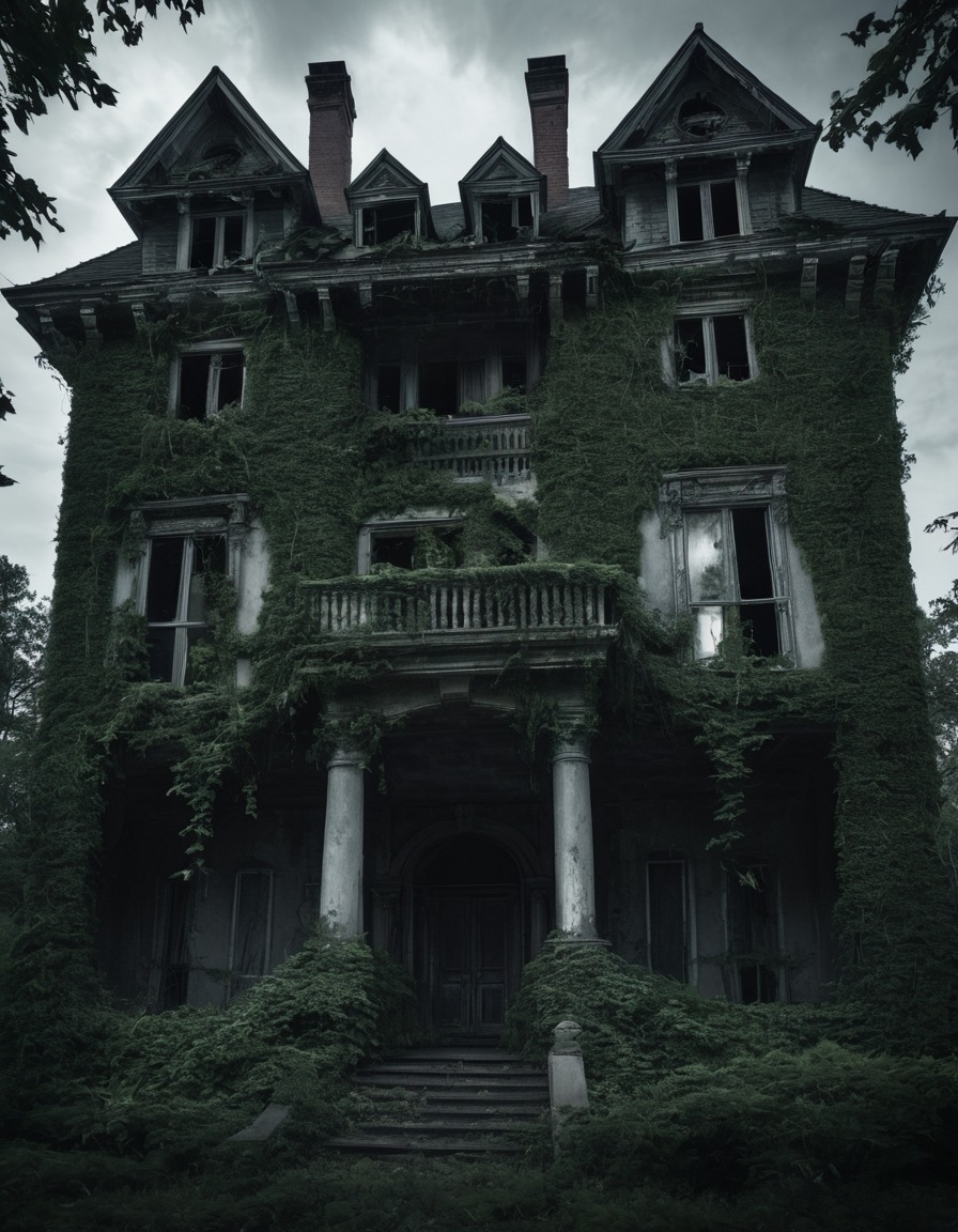 abandoned mansion, sinister, boarded up windows, ivy, eerie aesthetic, gothic, underground, dark