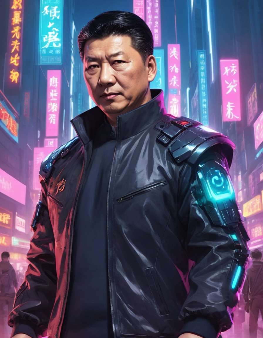 xi jinping, china, cyberpunk, anime, protagonist, futuristic technology, dystopian, politics