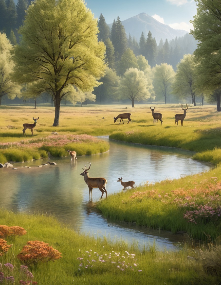 meadow, stream, deer, wildlife, tranquility, nature