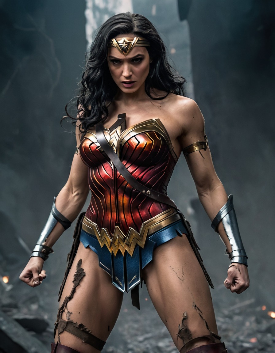 wonder woman, dc comics, superhero, ripped costume, strength, determination.