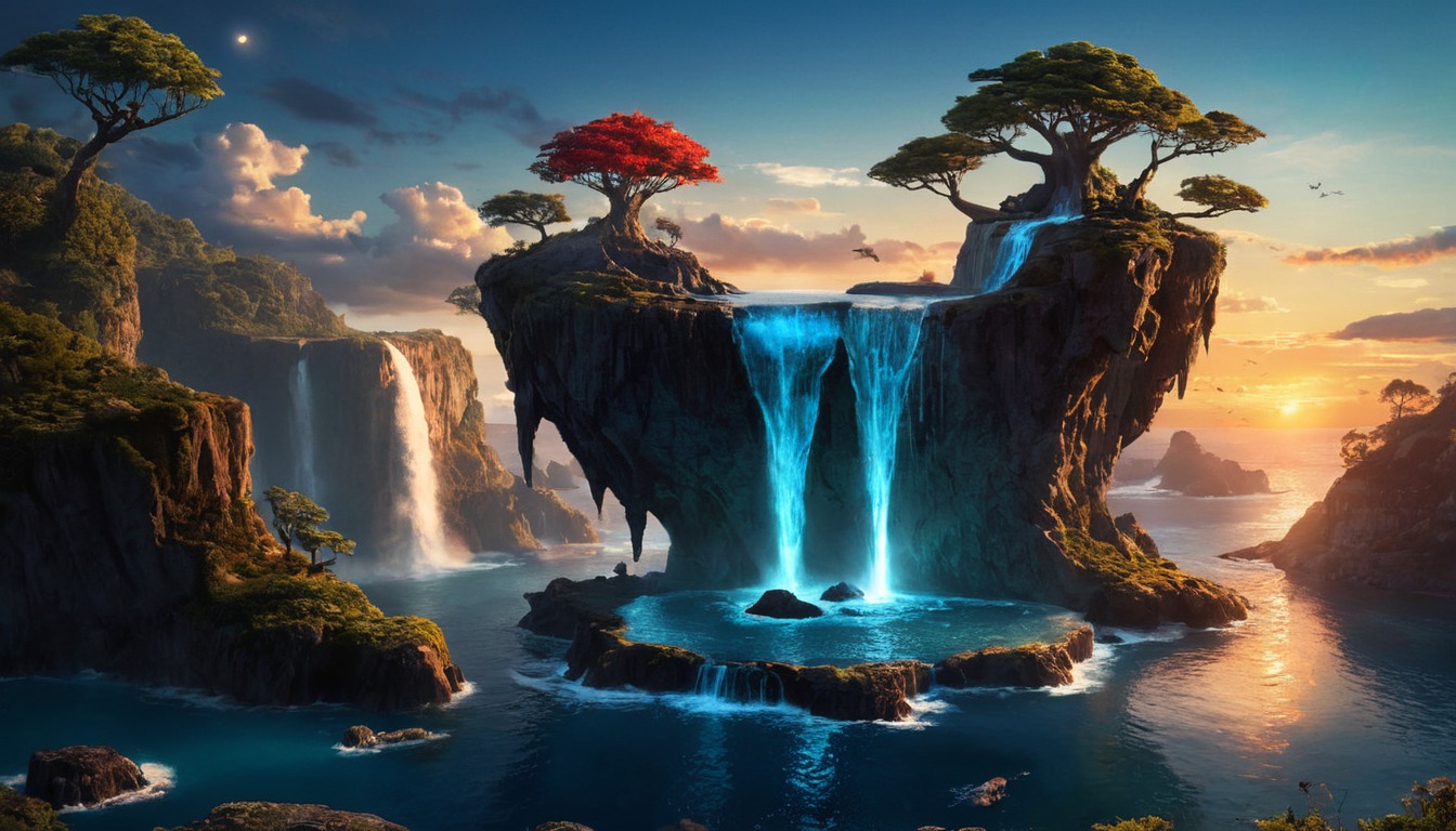 4k, 8k, cliffs, fantasy, fantasyart, fantasylandscape, island, landscapescenery, naturelandscape, sea, sunset, wallpaper, waterfall, naturebeautiful, aiart, 4kwallpaper, fantasy_wallpaper, 8kwallpaper, stablediffusion, cliffside, waterfallscenery