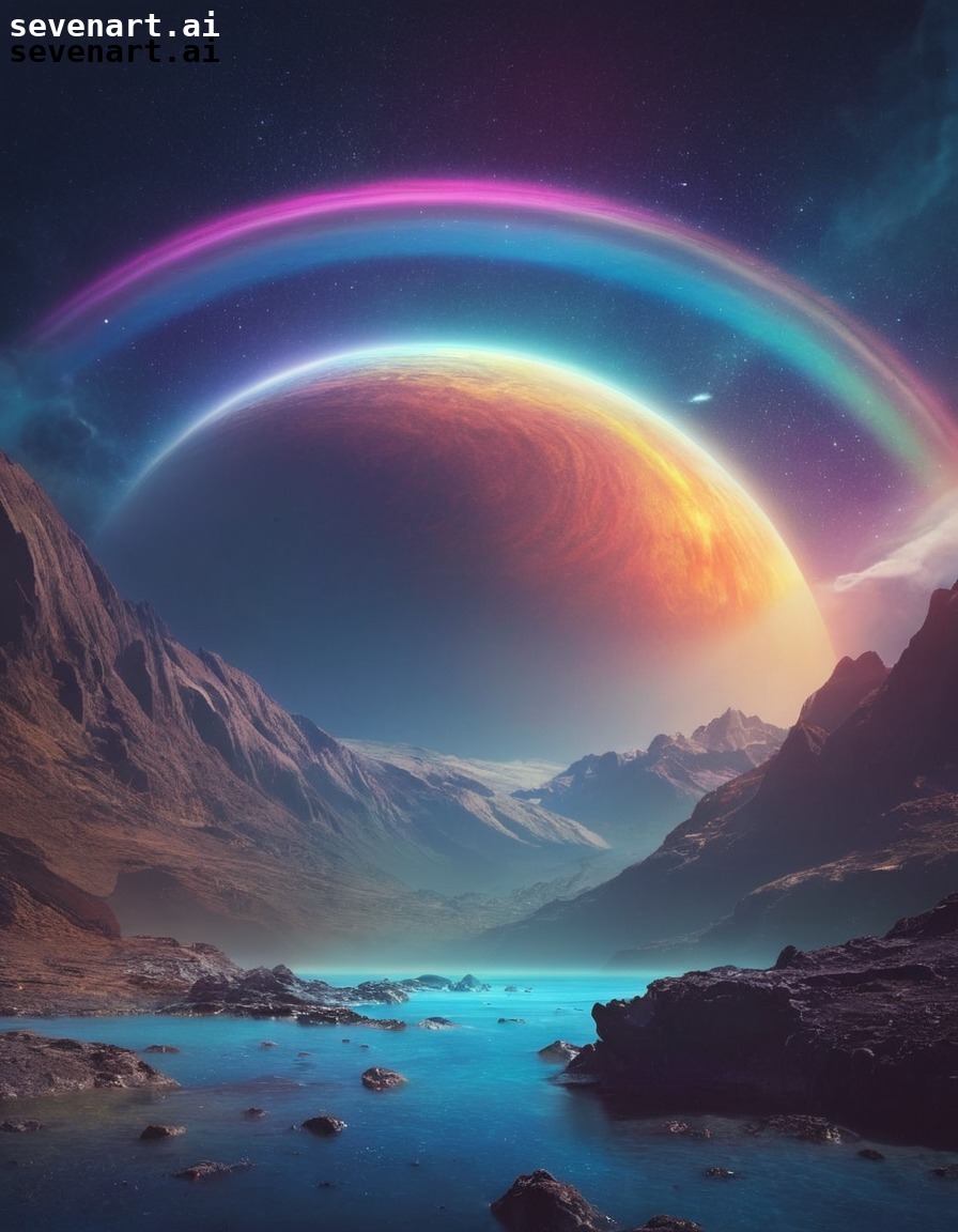 surreal, planet, moons, rainbow, fantasy, space, stars