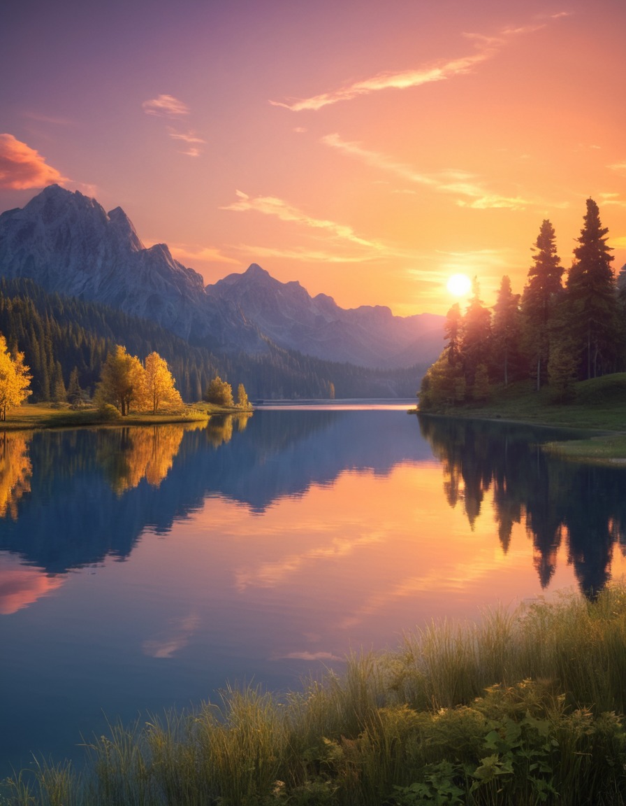 sunset, lake, tranquil, nature, beauty