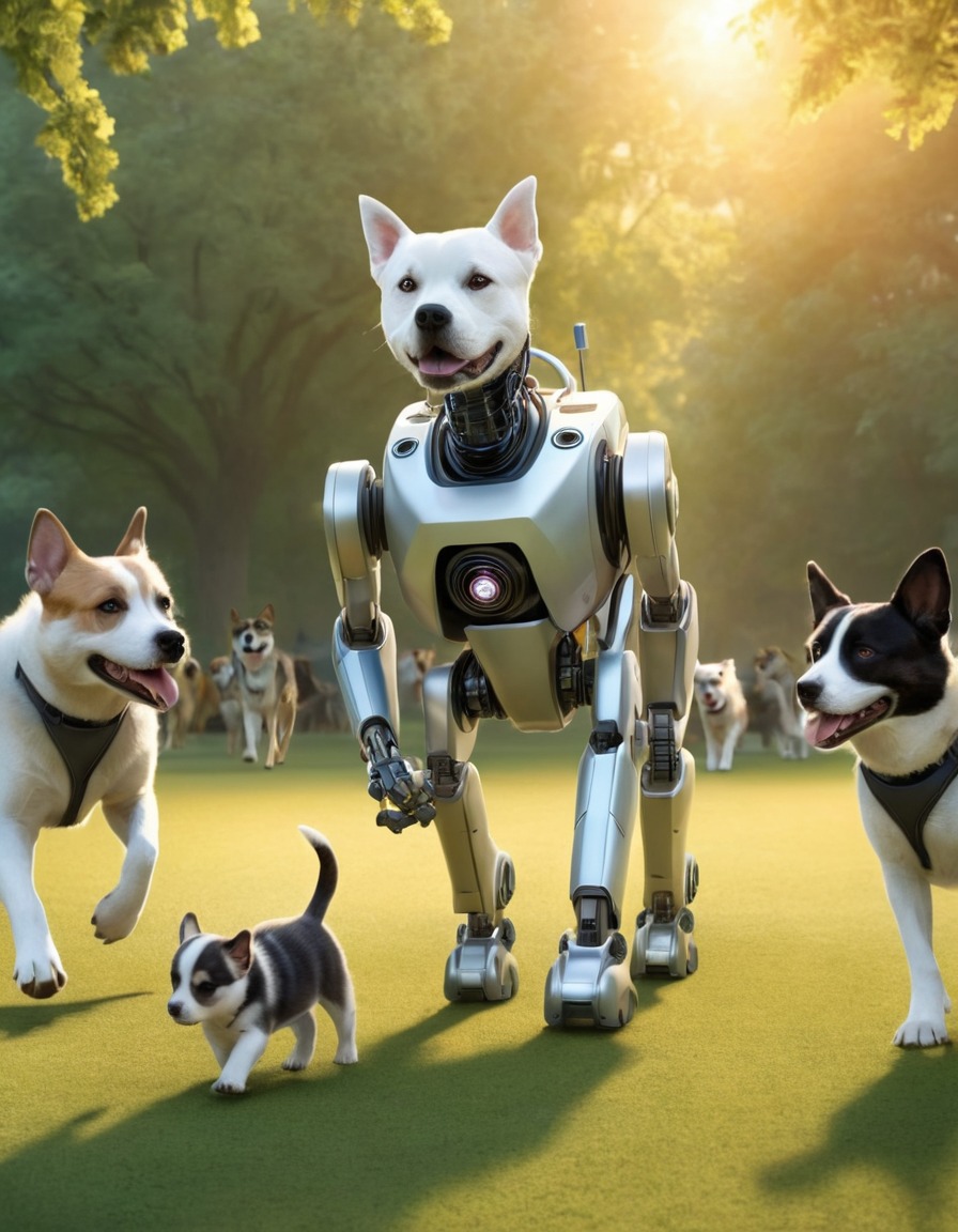 robot, dogs, park, walking, artificial intelligence, futuristic, bizarre