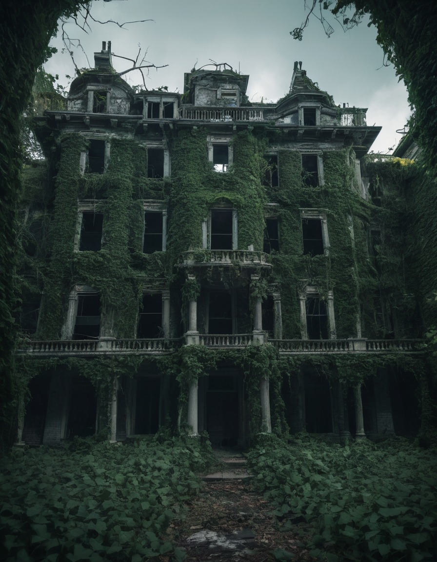 abandoned mansion, ivy, creepy, haunted, gothic, underground, dark