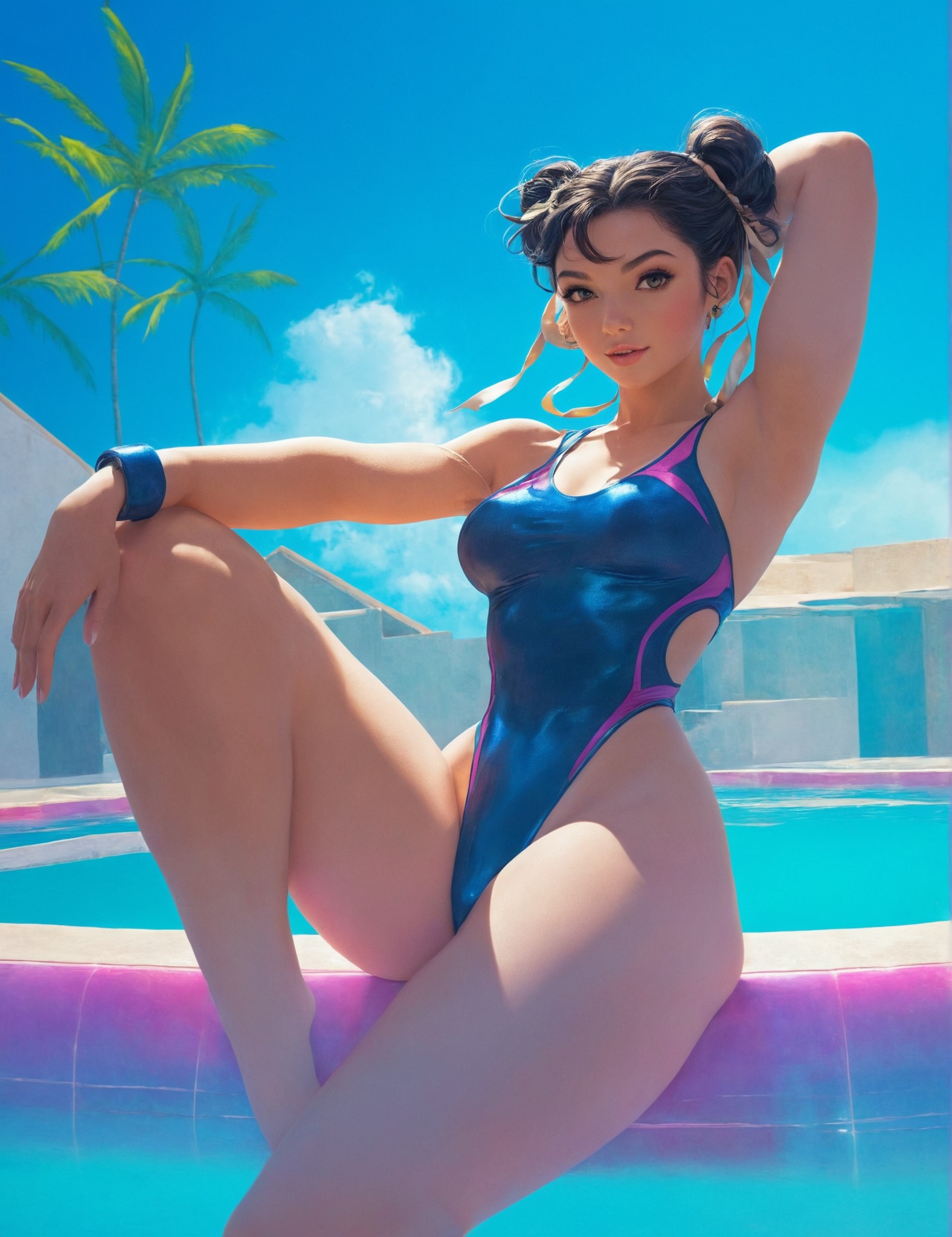 chun-li, street fighter, art, purple, pink, neon, sexy, blue, anime