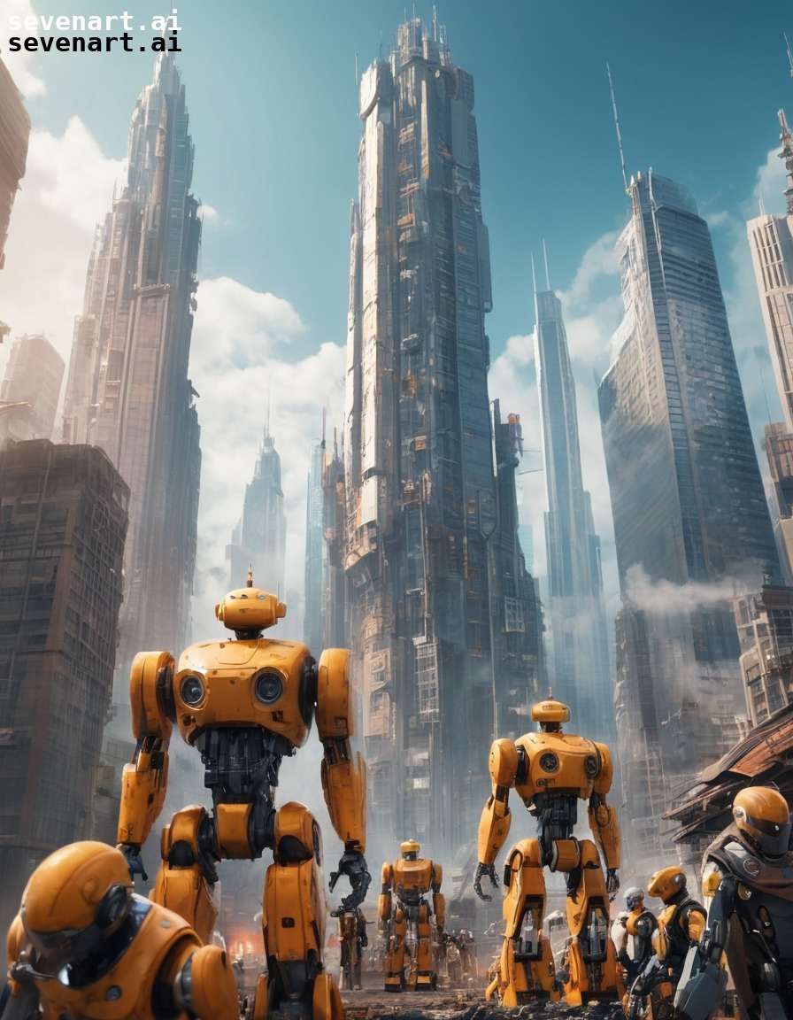 robotics, construction, teamwork, futuristic, cityscape, robots