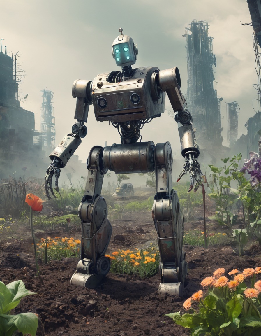 robot, planting, garden, post-apocalyptic, future, robots