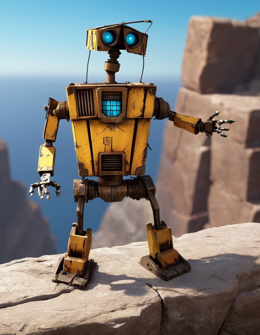 robot, claptrap, dance, precarious ledge, comedy, robots, games, movies