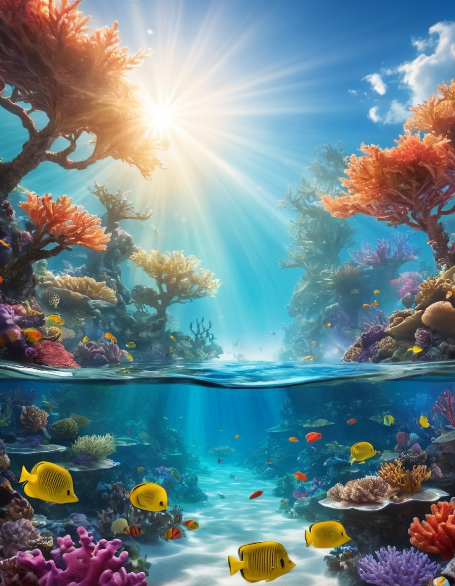 sunlight, water, coral reef, nature, underwater, marine life