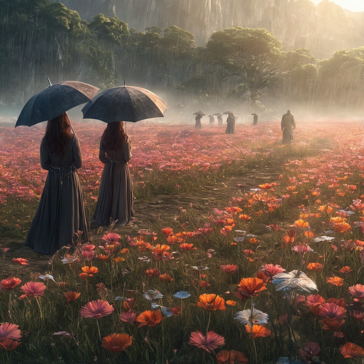 beautiful, evocative, field, generated, raining, umbrellas, wildflowers, women, aigenerated, aigeneratedart, womeninwildflowers, womenonrainyday, womenwalk, womenwalkinwildflowers