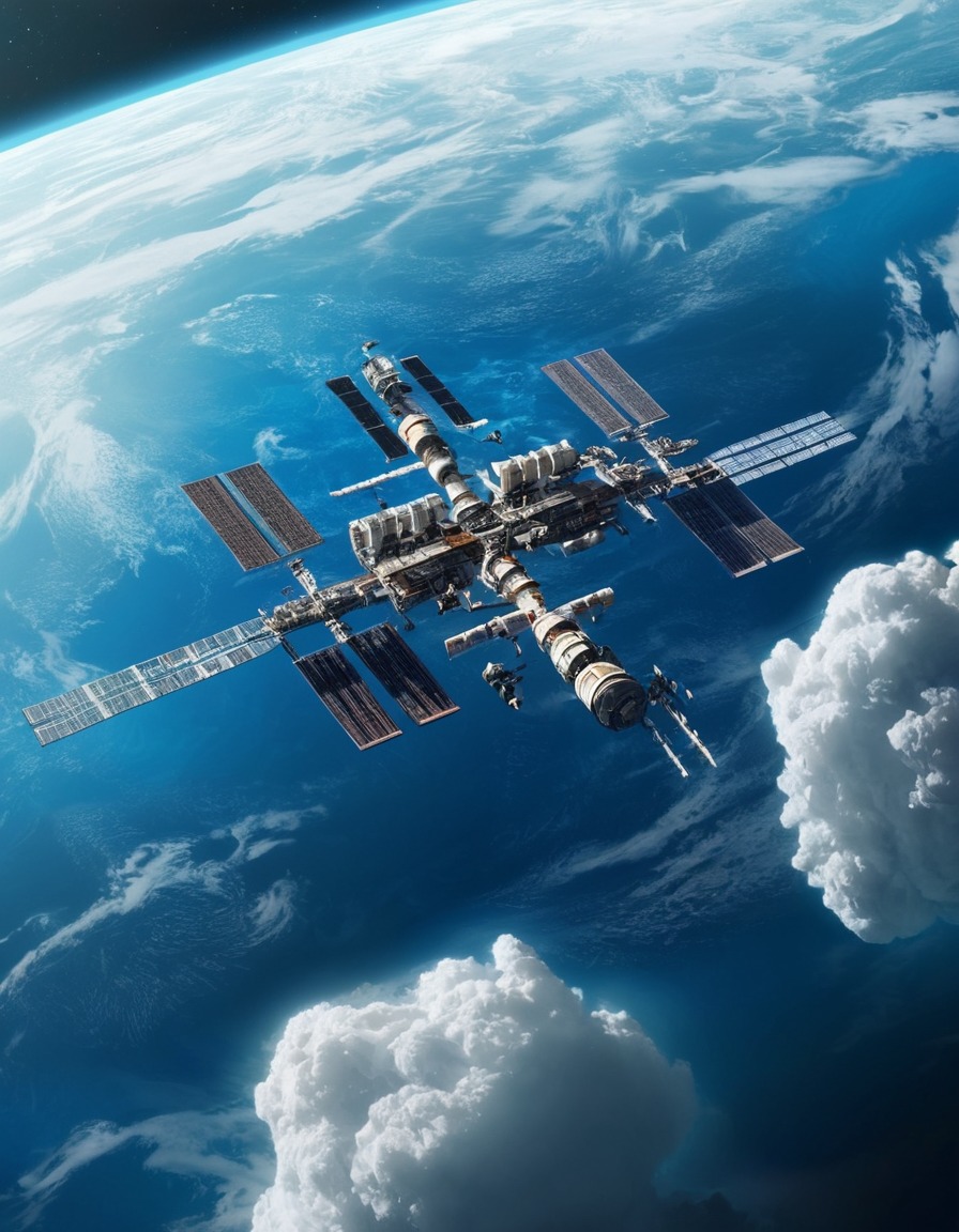 space station, orbiting, blue planet, swirling clouds, oceans, space, stars