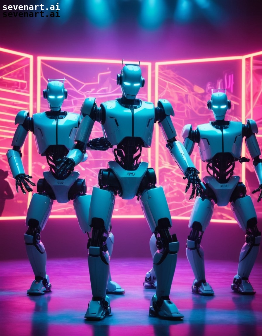 robots, dance routine, synchronized, neon lights, performance