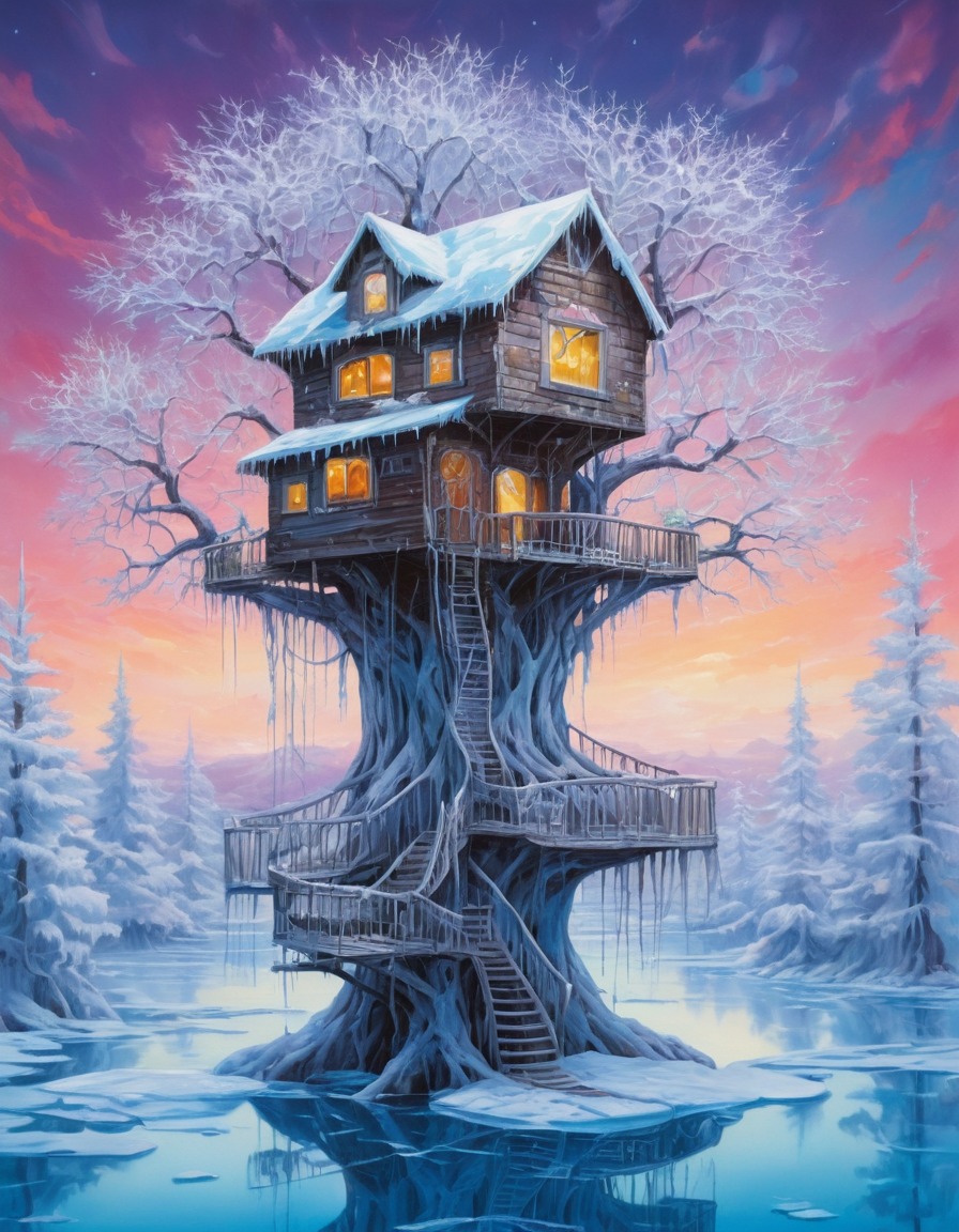 nature, winter, ice, architecture, treehouse, surreal