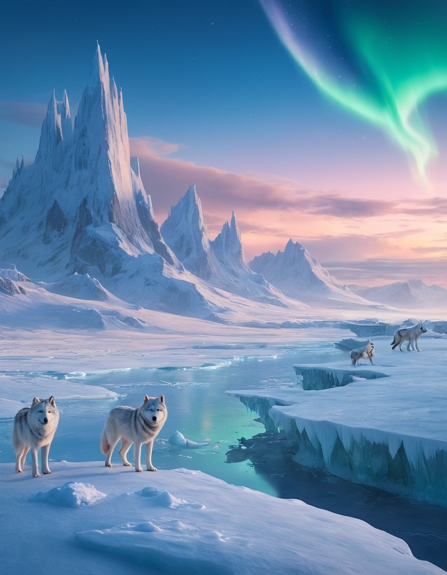 tundra, ice giants, frost wolves, aurora borealis, fantasy, mythical creatures, fantastic