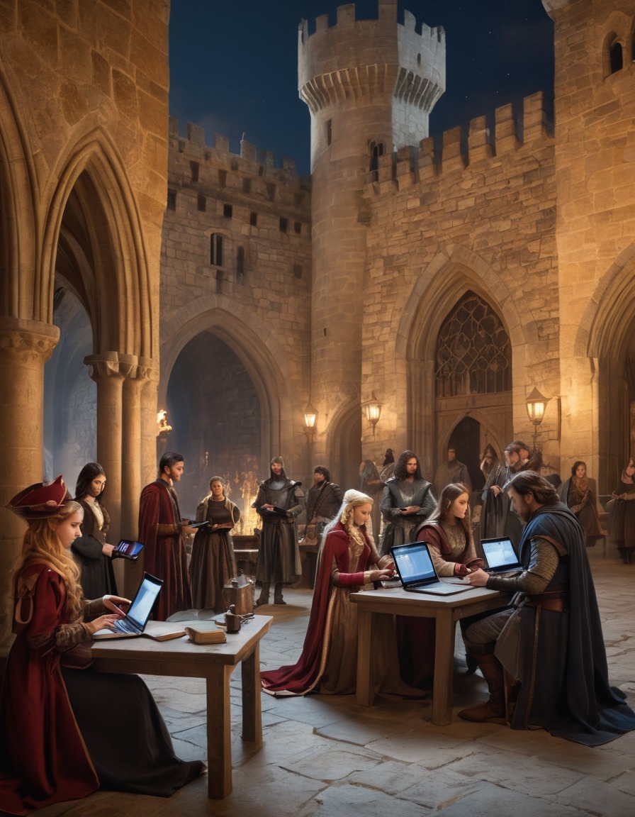 medieval, technology, smartphones, laptops, castle courtyard, art