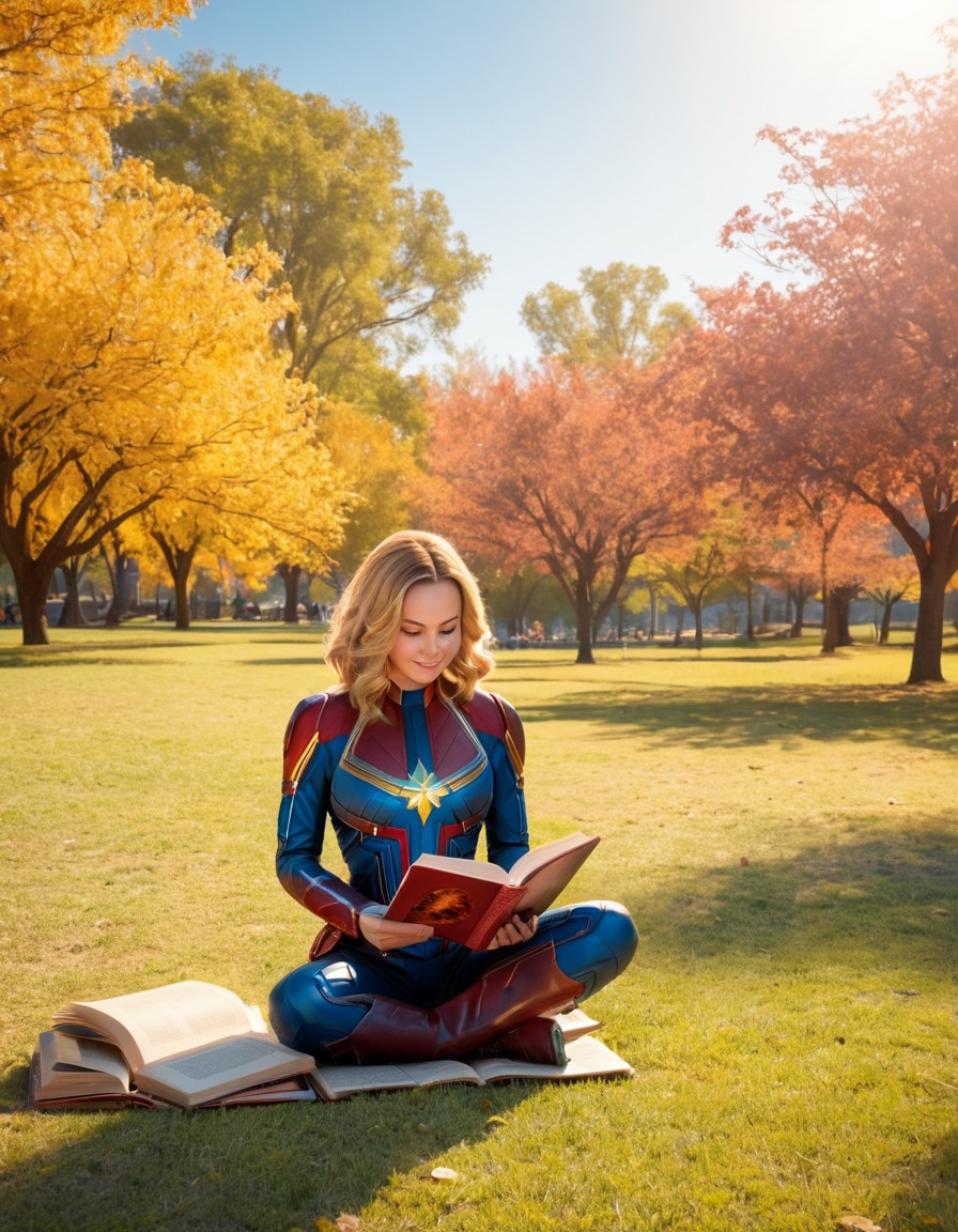 captain marvel, superhero, park, reading, relaxation, superheroine, bikini