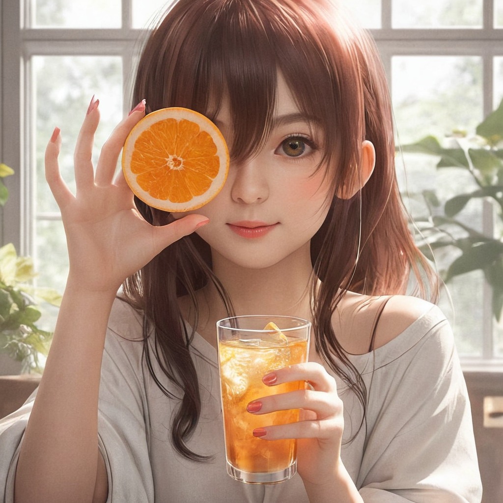 digitalart, anime, animegirl, beauty, juice, orange, orangejuice, smile, aiart