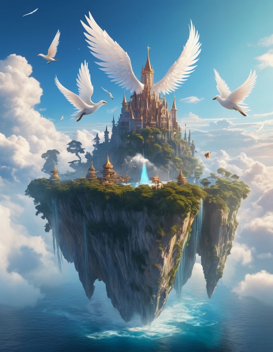 floating island, winged beings, iridescent feathers, clouds, fantastic